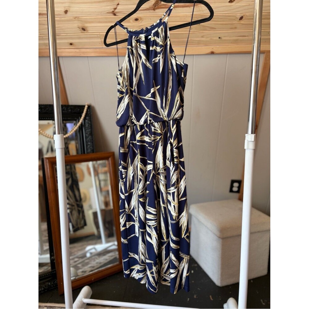 Women’s London Times Navy Cream Smocked Neck Halter Jumpsuit Romper Pockets 4P